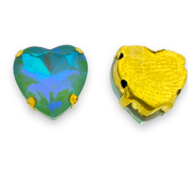 Glas rhinestone hart zeegroen/gold plated 12x6mm-Kralen-Kraaltjes van Renate