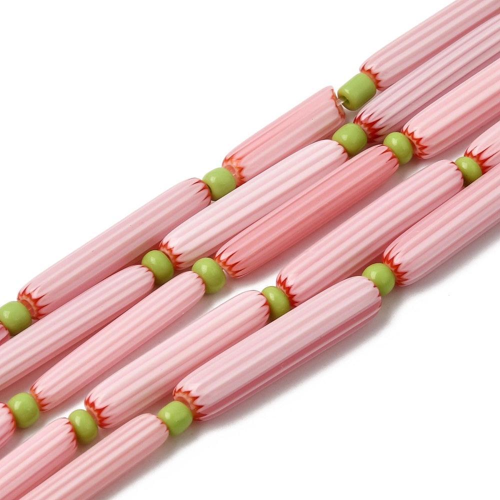 Glaskraal Emaille Ovaal Roze Wit Tube 29mm - per stuk-Kralen-Kraaltjes van Renate