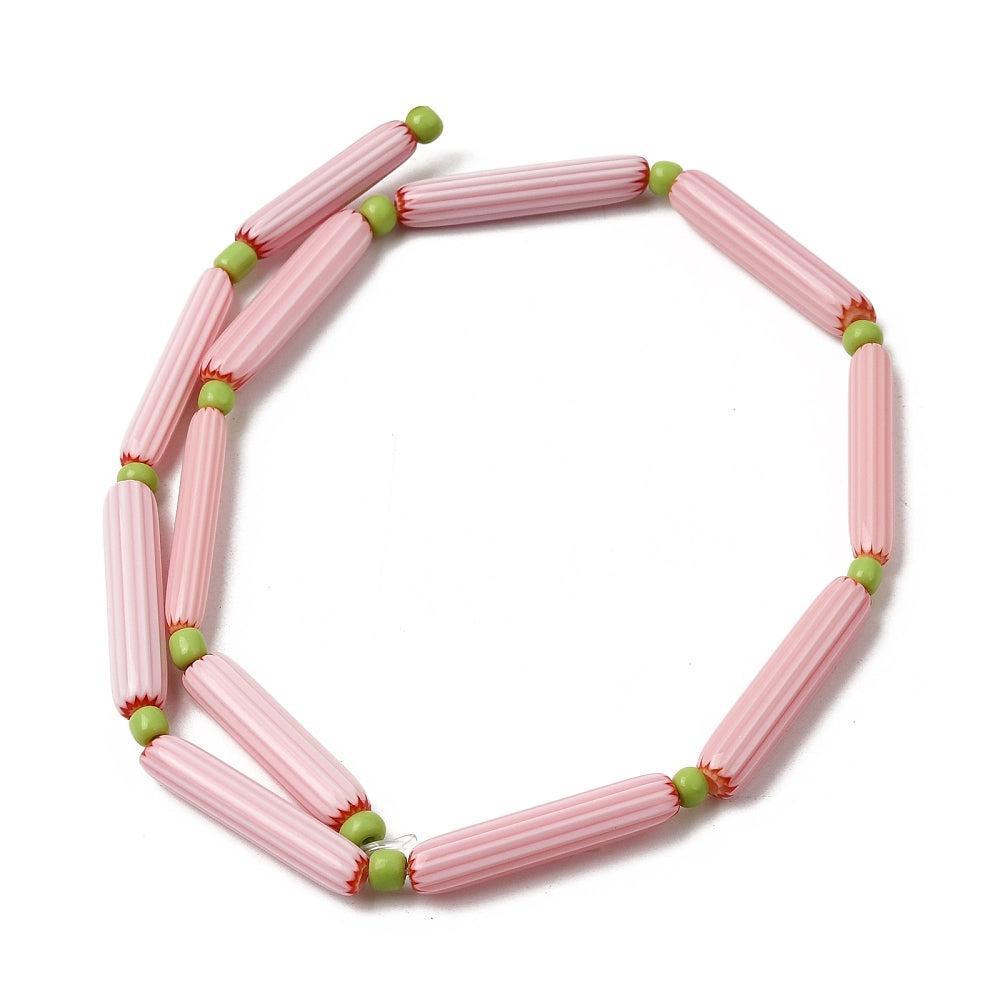 Glaskraal Emaille Ovaal Roze Wit Tube 29mm - per stuk-Kralen-Kraaltjes van Renate