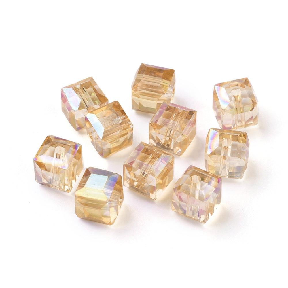 Glaskraal facet Cube 7mm Goud AB - per 4 stuks-Kralen-Kraaltjes van Renate