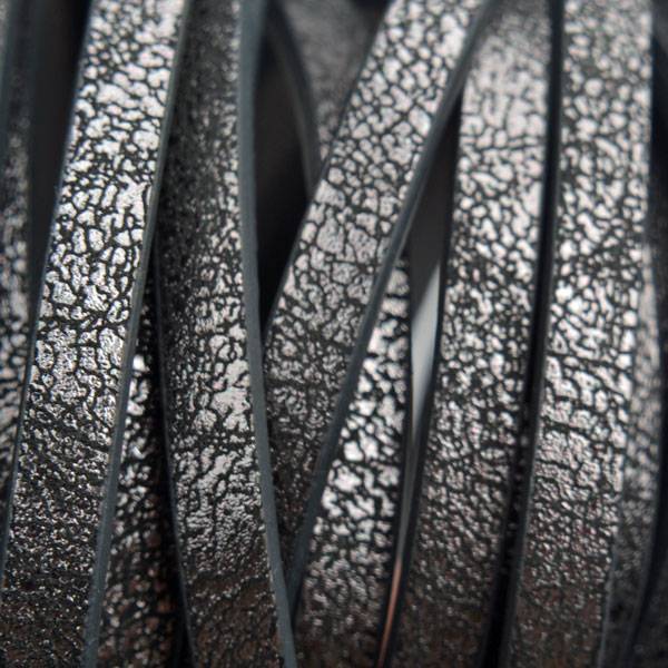Imitatie leer strook Zwart crackle zilver plated 5x2mm - 120cm-Kraaltjes van Renate