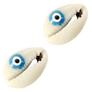 Kauri open schelp Evil eye off white-blue ±17x12mm-Kraaltjes van Renate