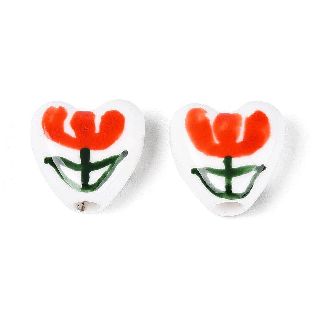 Porseleinen Kralen Hart Bloem Oranjerood 15mm - per stuk-Kralen-Kraaltjes van Renate