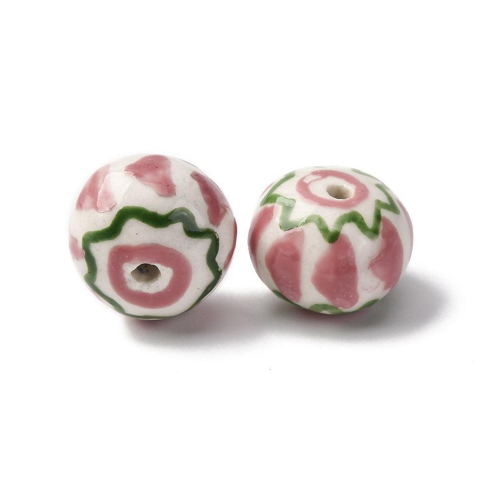 Kraal porselein rondel Roze / Groen 15mm - per stuk-Kralen-Kraaltjes van Renate