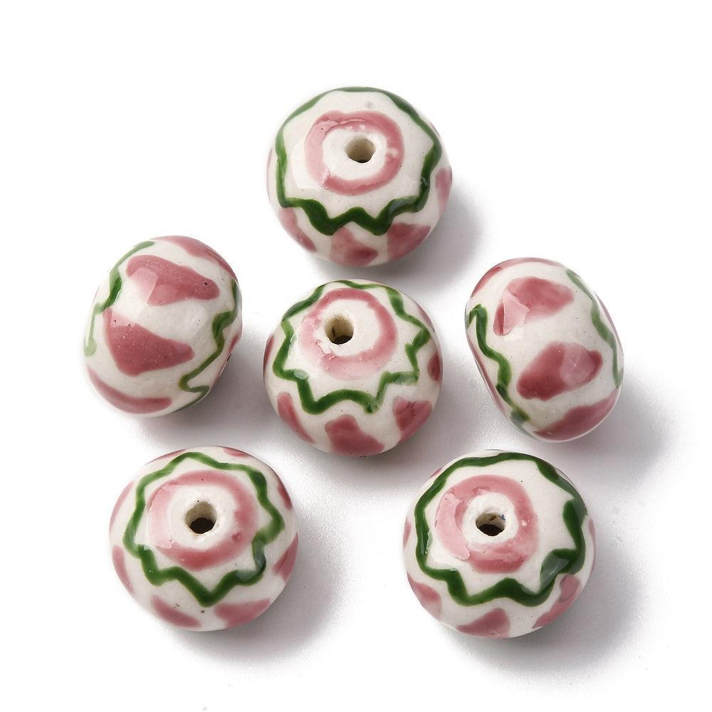 Kraal porselein rondel Roze / Groen 15mm - per stuk-Kralen-Kraaltjes van Renate