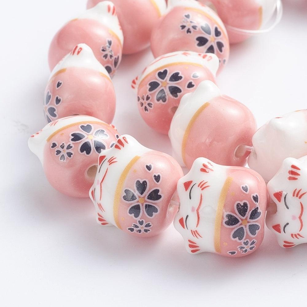 Keramiek kraal Lucky Cat Roze 14mm- per stuk-Kralen-Kraaltjes van Renate