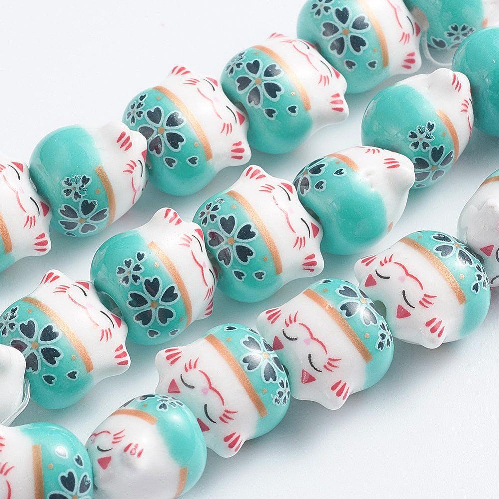 Keramiek kraal Lucky Cat Turquoise 14mm- per stuk-Kralen-Kraaltjes van Renate