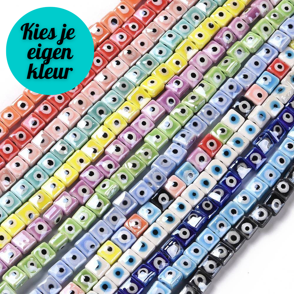 Keramiek kraal plat vierkant met evil eye 17x14mm - per stuk-Kralen-Kraaltjes van Renate