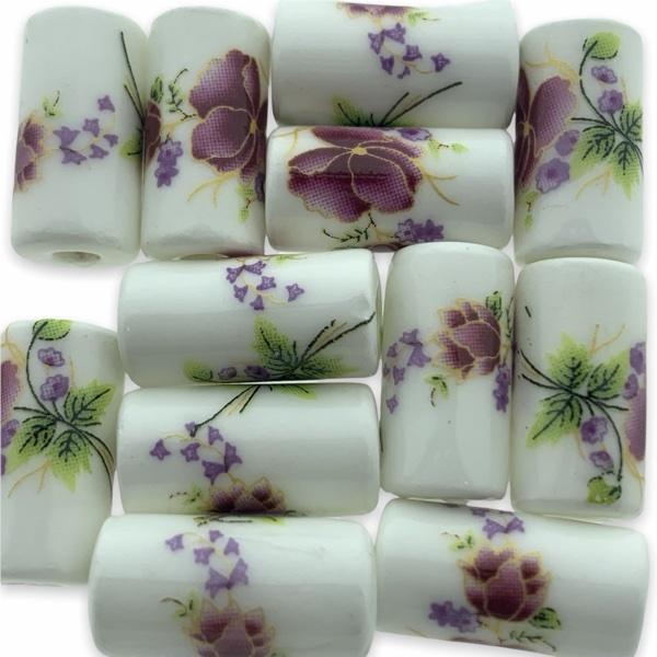 Keramiek kraal tube flower paars (ø3mm) 17x9mm-Kraaltjes van Renate