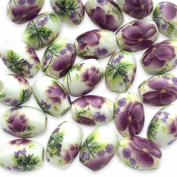 Keramiek kraal tube ovaal flower paars-groen (ø2mm) 10,5x8mm-Kraaltjes van Renate