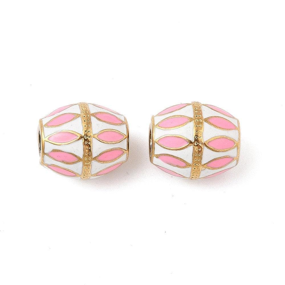 Kraal Ovaal Emaille Goud / Wit / Roze 13mm - per stuk-bedels-Kraaltjes van Renate