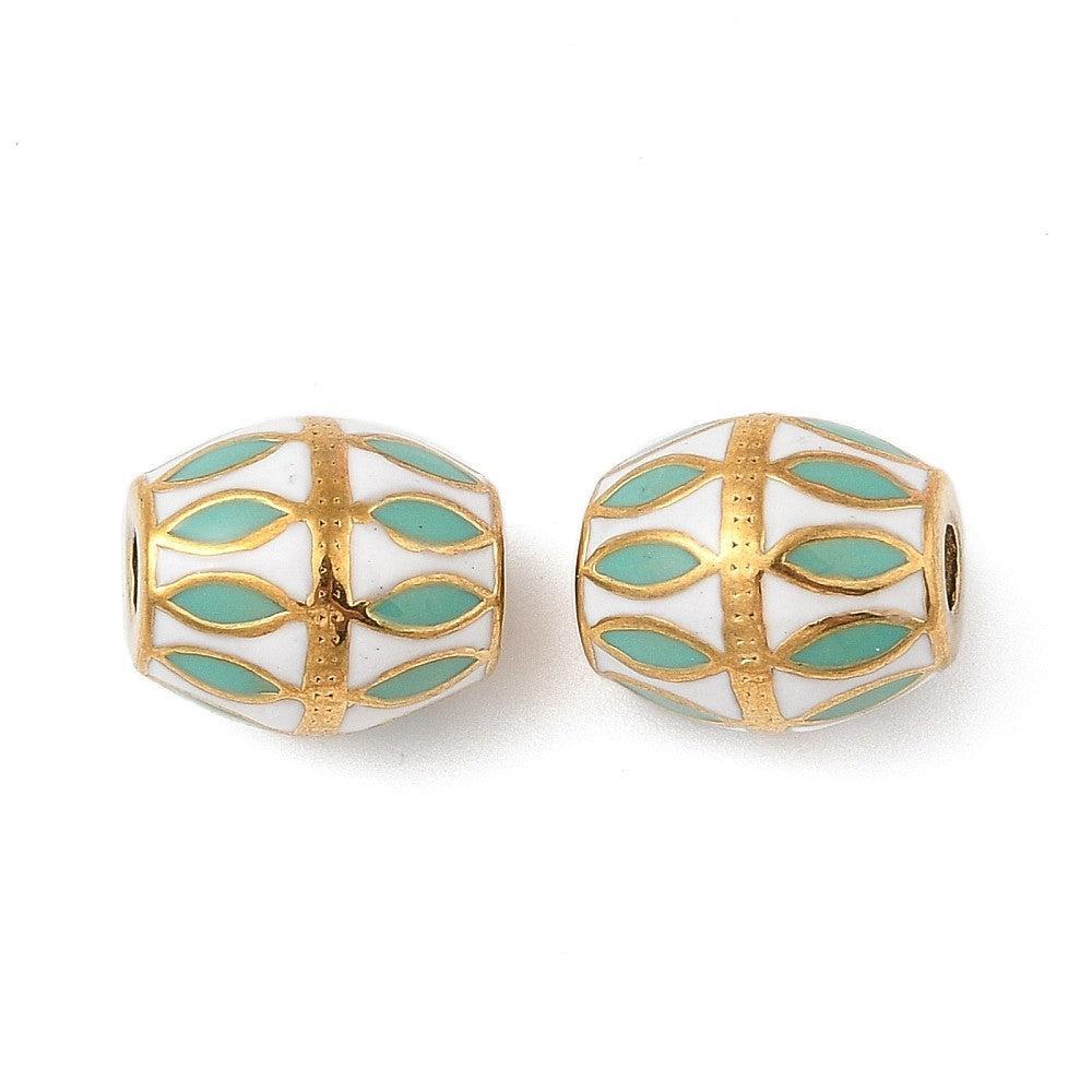 Kraal Ovaal Emaille Goud / Wit / Turquoise 13mm - per stuk-bedels-Kraaltjes van Renate