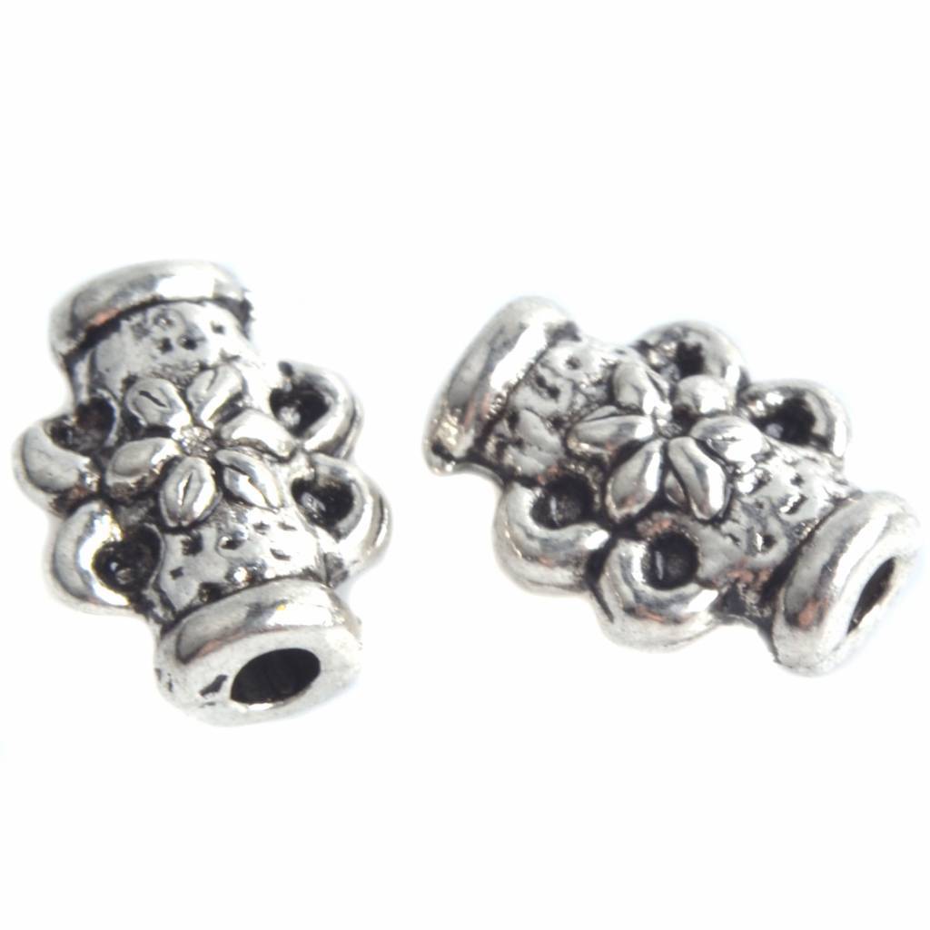 Kraal buisje met bloem Zilver 8x6mm - 25 stuks-Kraaltjes van Renate
