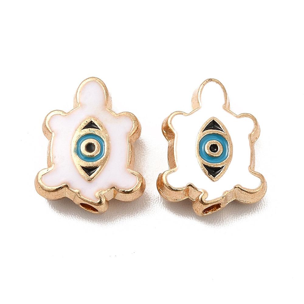 Kraal emaille schildpad evil eye wit/goud 12,5x10x4mm-bedels-Kraaltjes van Renate