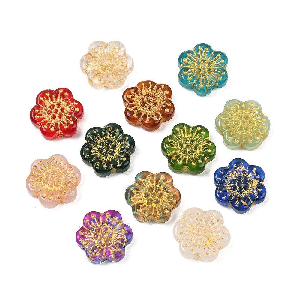 Kraal glas bloem gekleurd/goud 17mm - per 5 stuks-Kralen-Kraaltjes van Renate