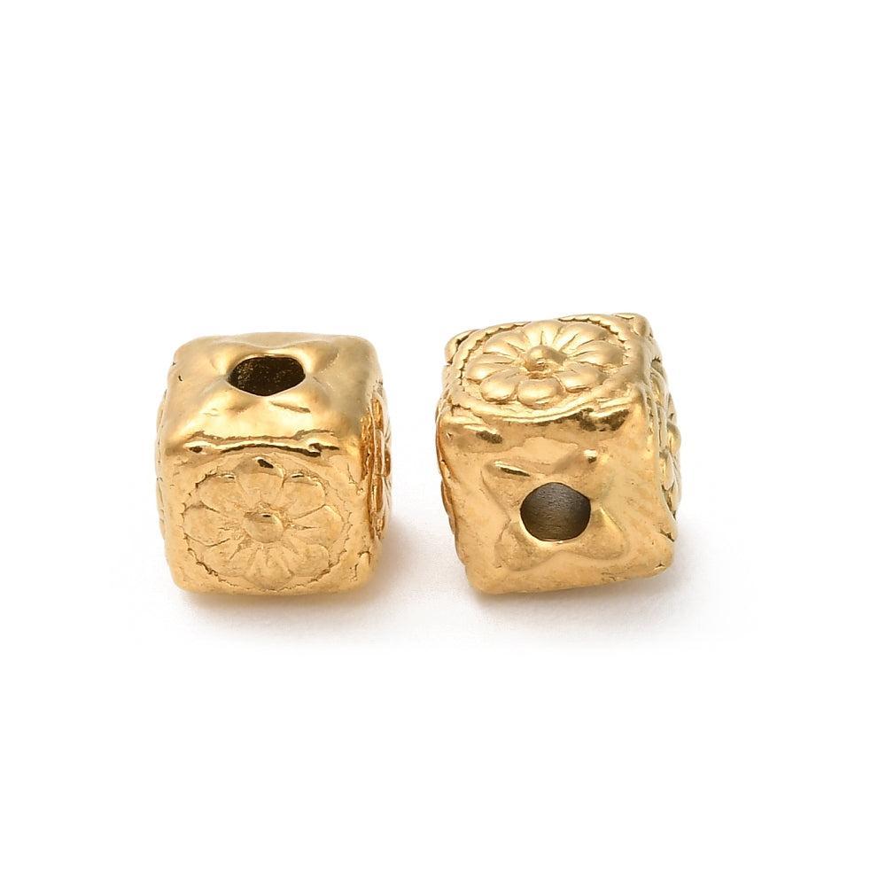 Kraal kubus bloem RVS premium 18K goud 6mm - per stuk-Kralen-Kraaltjes van Renate