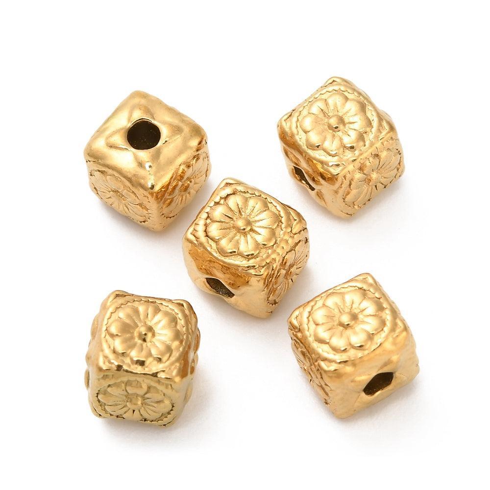 Kraal kubus bloem RVS premium 18K goud 6mm - per stuk-Kralen-Kraaltjes van Renate