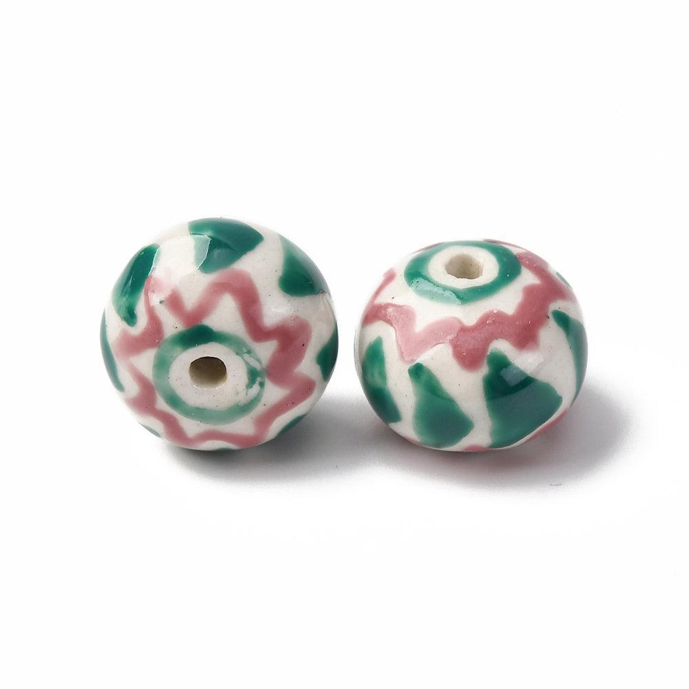 Kraal porselein rondel Groen / Roze 15mm - per stuk-Kralen-Kraaltjes van Renate