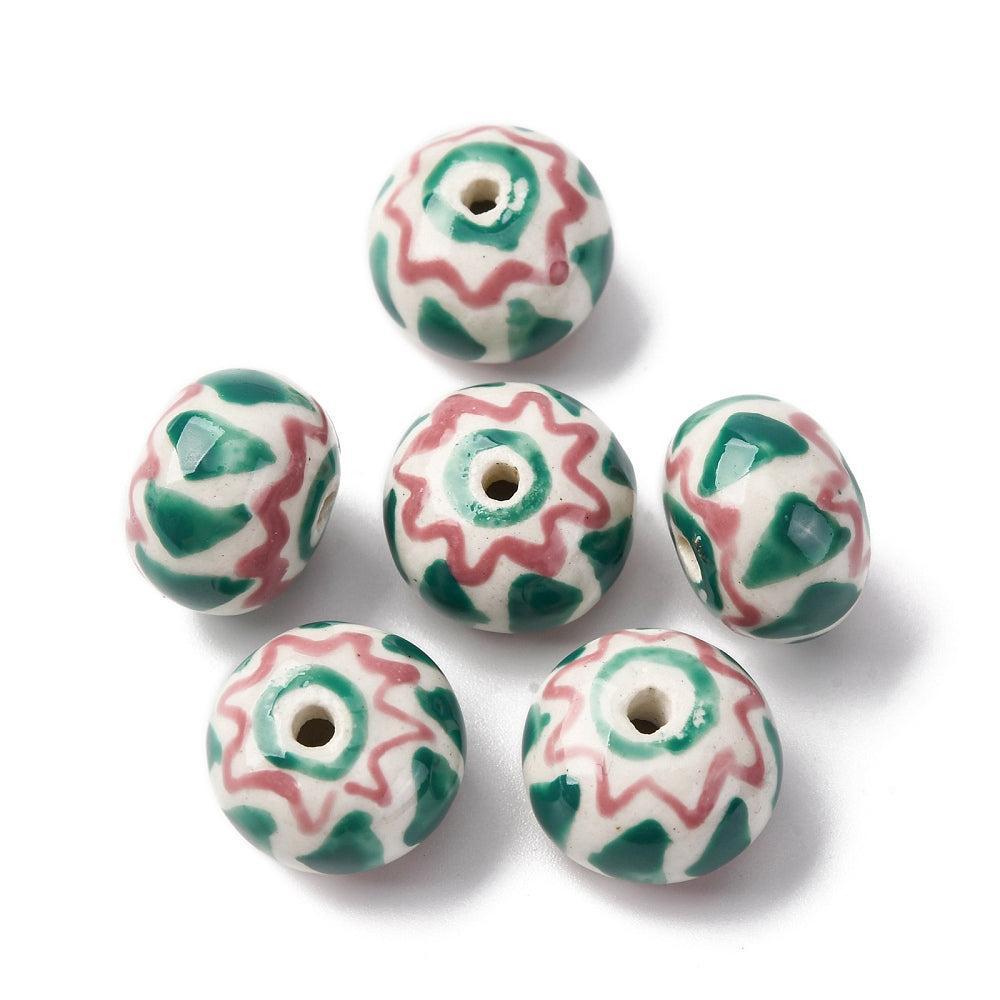 Kraal porselein rondel Groen / Roze 15mm - per stuk-Kralen-Kraaltjes van Renate