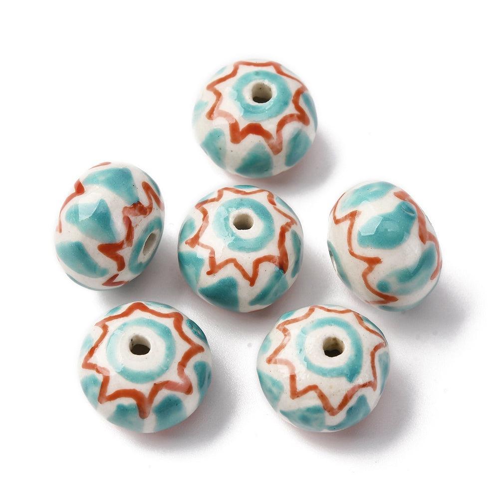 Kraal porselein rondel Turquoise / Rood 15mm - per stuk-Kralen-Kraaltjes van Renate