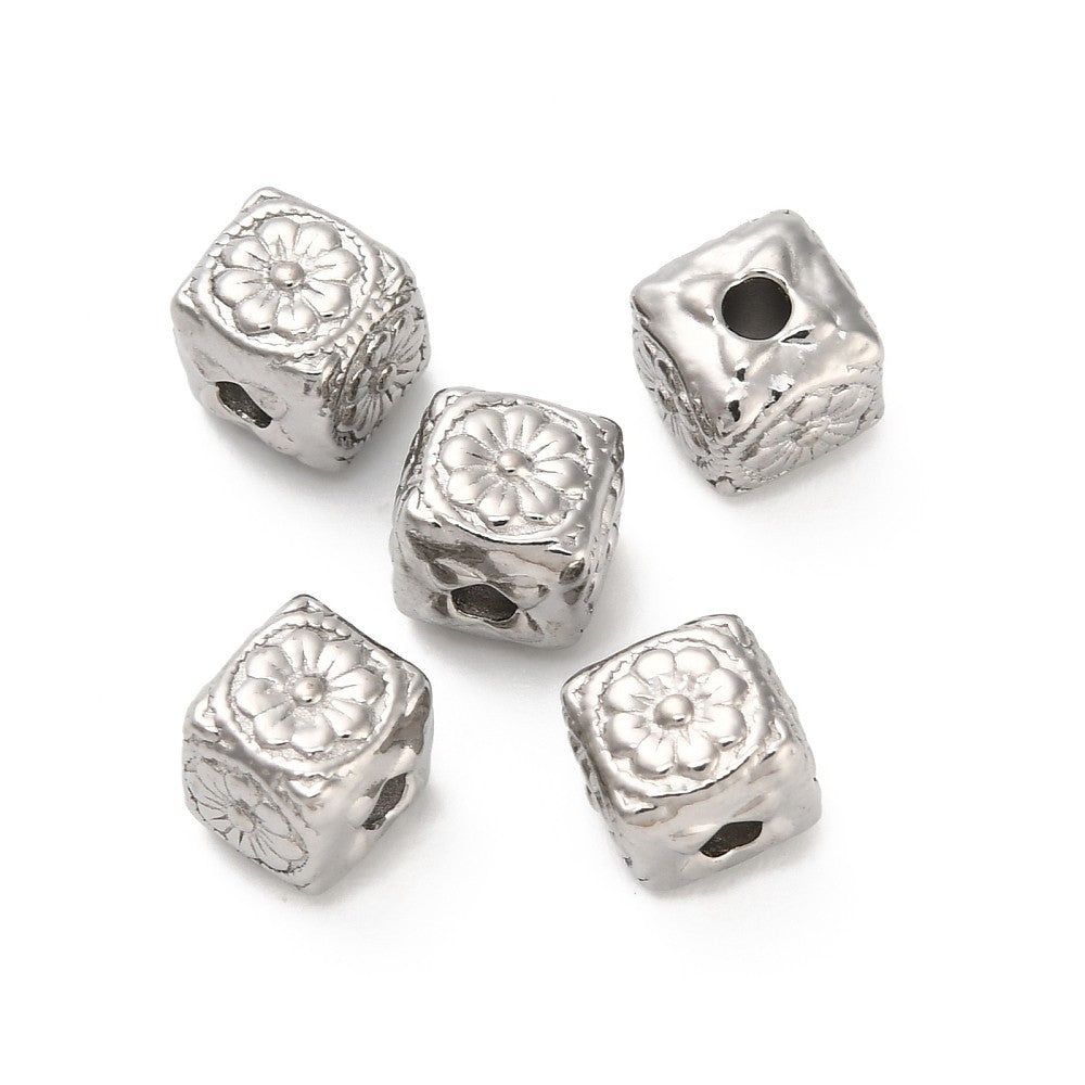 Kraal vierkant bloem RVS zilver 6mm - per stuk-Kralen-Kraaltjes van Renate