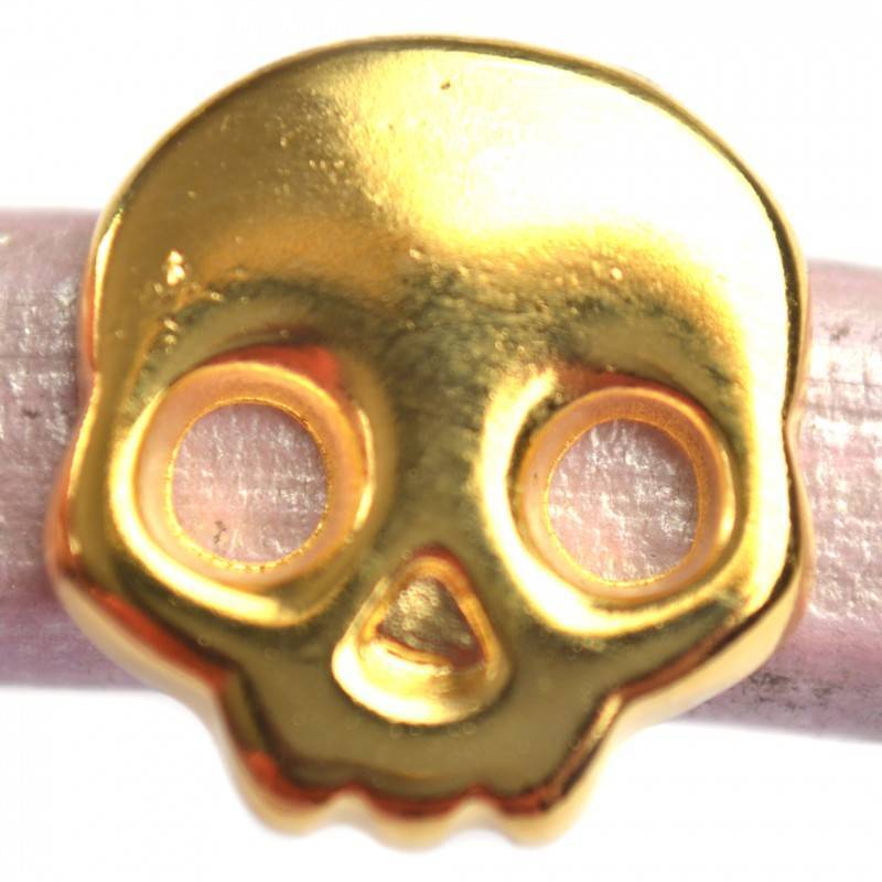 Leerschuiver Ø10x6mm skull metaal goud DQ 17mm-Kraaltjes van Renate