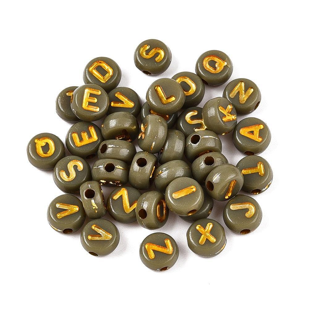 Letterkralen alfabet a-z acryl khaki/goud 7mm- ±80 stuks-Kralen-Kraaltjes van Renate