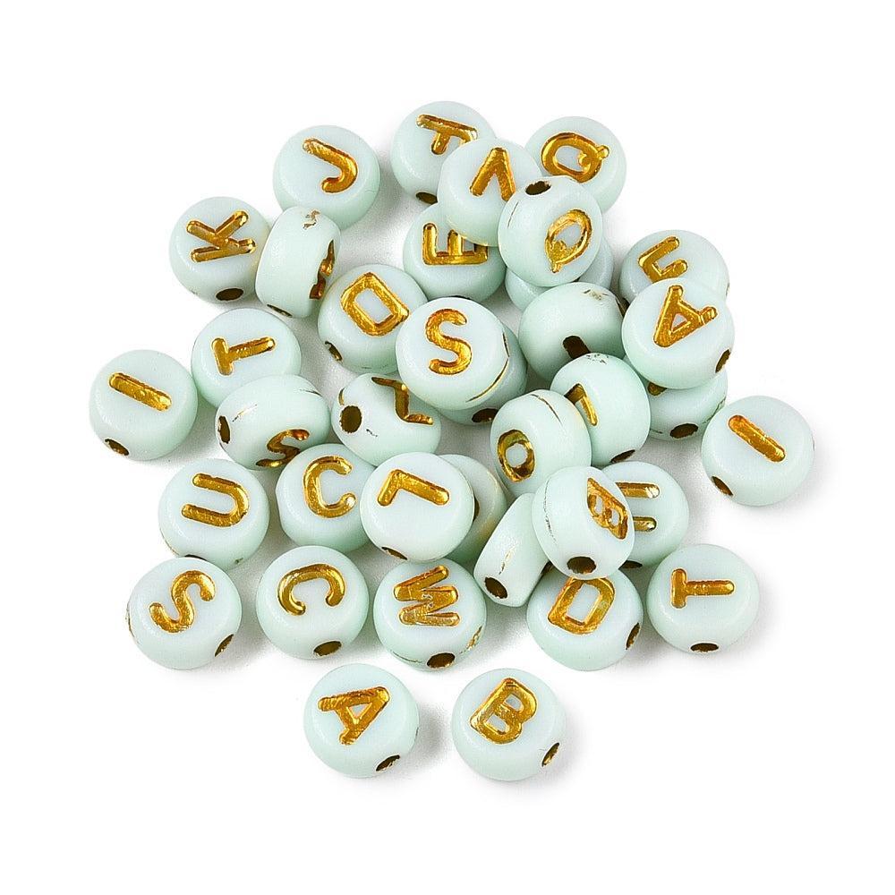 Letterkralen alfabet a-z acryl mint/goud 7mm- ±80 stuks-Kralen-Kraaltjes van Renate