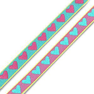 Lint met hartjes Turquoise / Fuchsia / Geel - per meter-koord-Kraaltjes van Renate