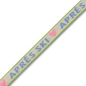 Lint met tekst &quot;Apres ski&quot; Off white-blue light pink-green - per meter-koord-Kraaltjes van Renate