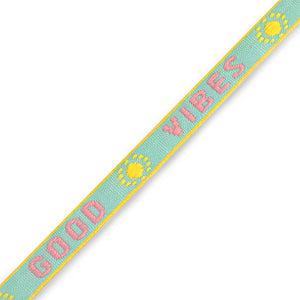 Lint met tekst "good vibes" Turquoise-pink-yellow - 1 meter-koord-Kraaltjes van Renate