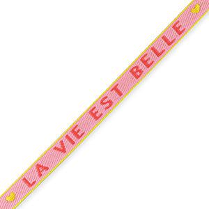 Lint met tekst &quot;la vie est belle&quot; Light pink-amarena red - 1 meter-koord-Kraaltjes van Renate