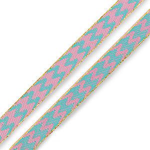 Lint met tekst zwierige lijnen Turquoise blue-pink - per meter-koord-Kraaltjes van Renate