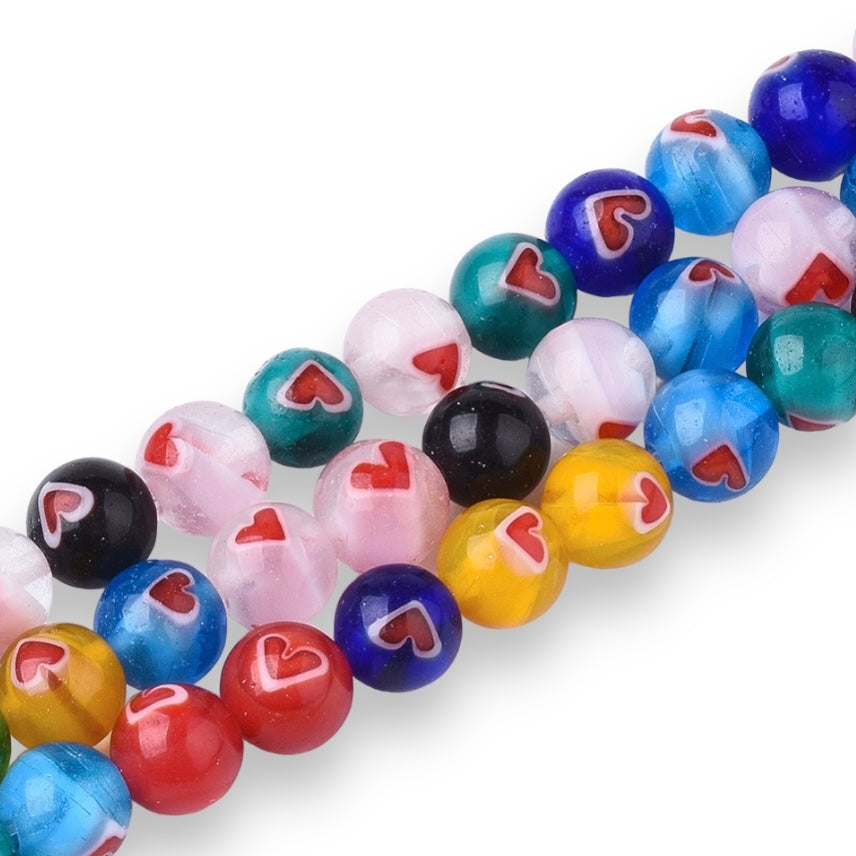 Millefiori glas kralen rond met hart multicolor 6mm - 10 stuks-Kralen-Kraaltjes van Renate