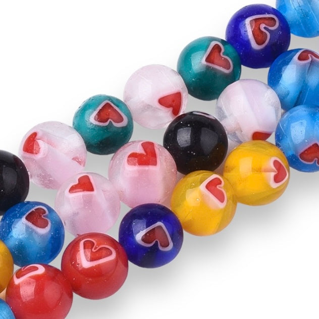Millefiori glas kralen rond met hart multicolor 7,5mm - 10 stuks-Kralen-Kraaltjes van Renate