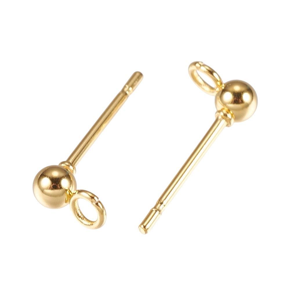 Oorbelstekers bolletje 3mm + achterkantjes 18K RVS goud 14mm - per paar-Onderdelen-Kraaltjes van Renate