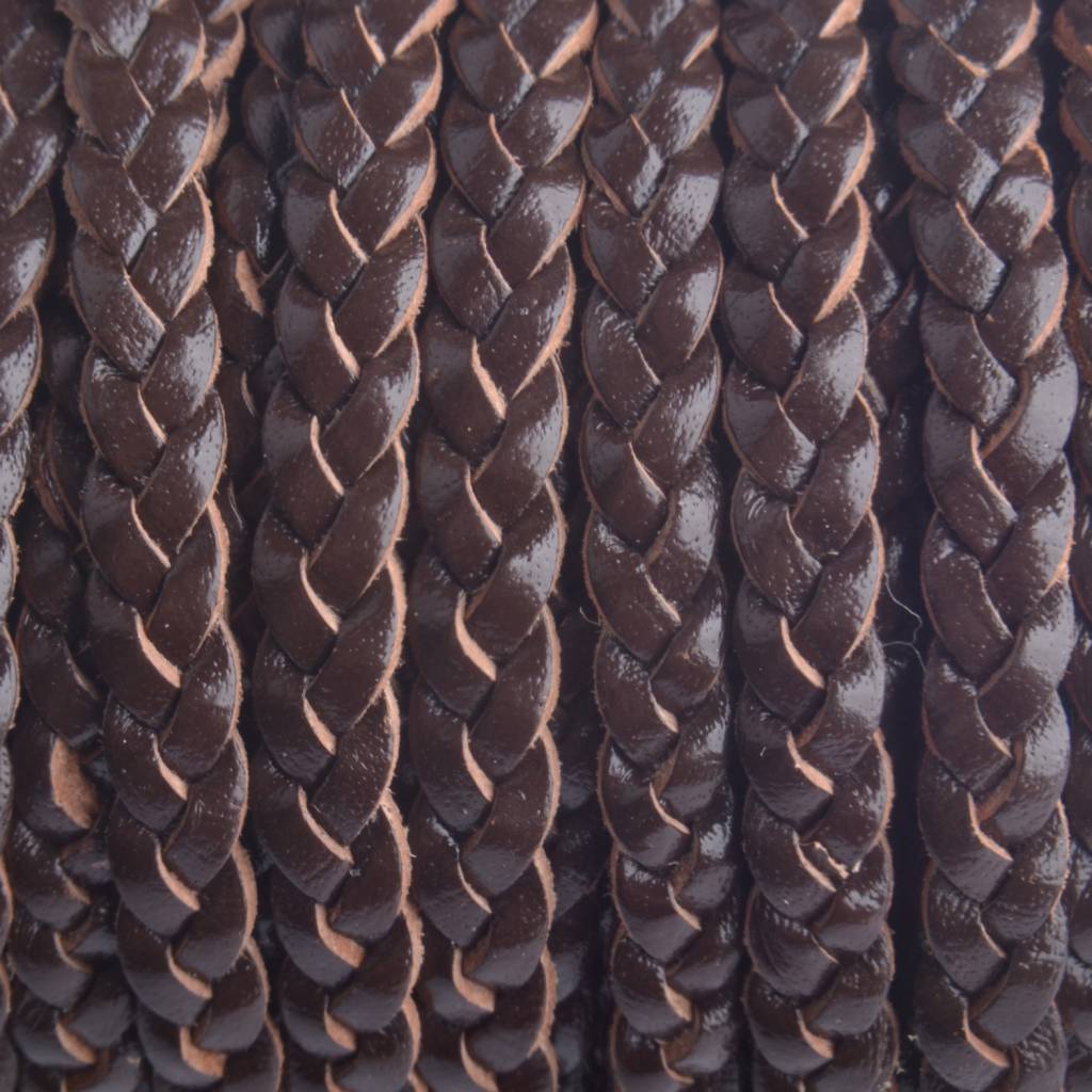 Plat gevlochten leer donker bruin 5x2mm - prijs per 20cm-Kraaltjes van Renate