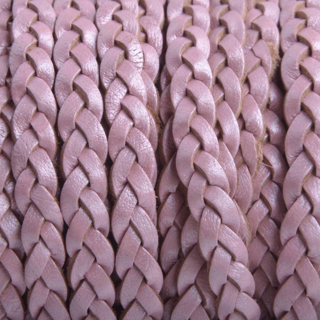 Plat gevlochten leer roze metallic 5x2mm - prijs per 20cm-Kraaltjes van Renate