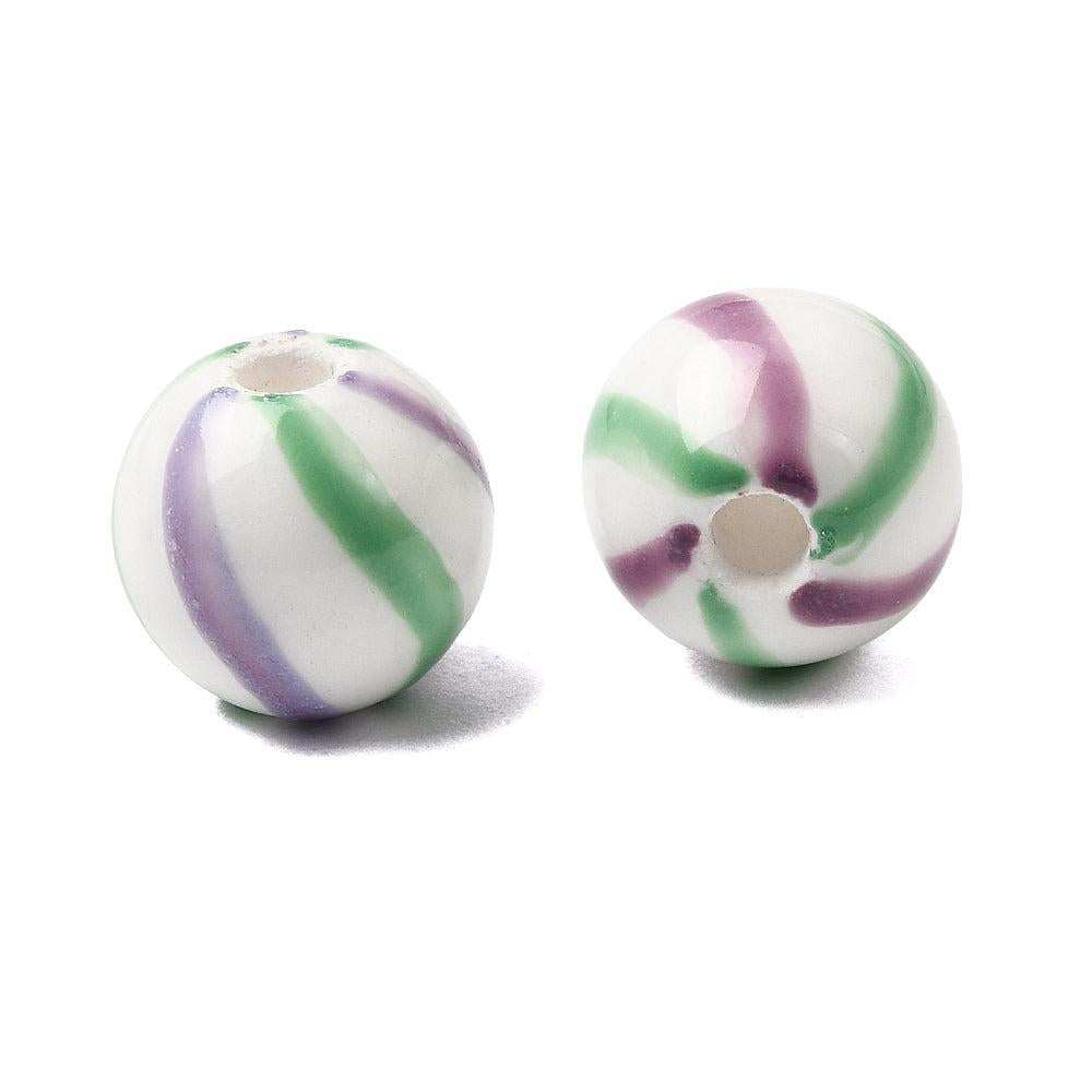 Porseleinen Kraal Streep Patroon Rond Limoengroen 10mm - per stuk-Kralen-Kraaltjes van Renate