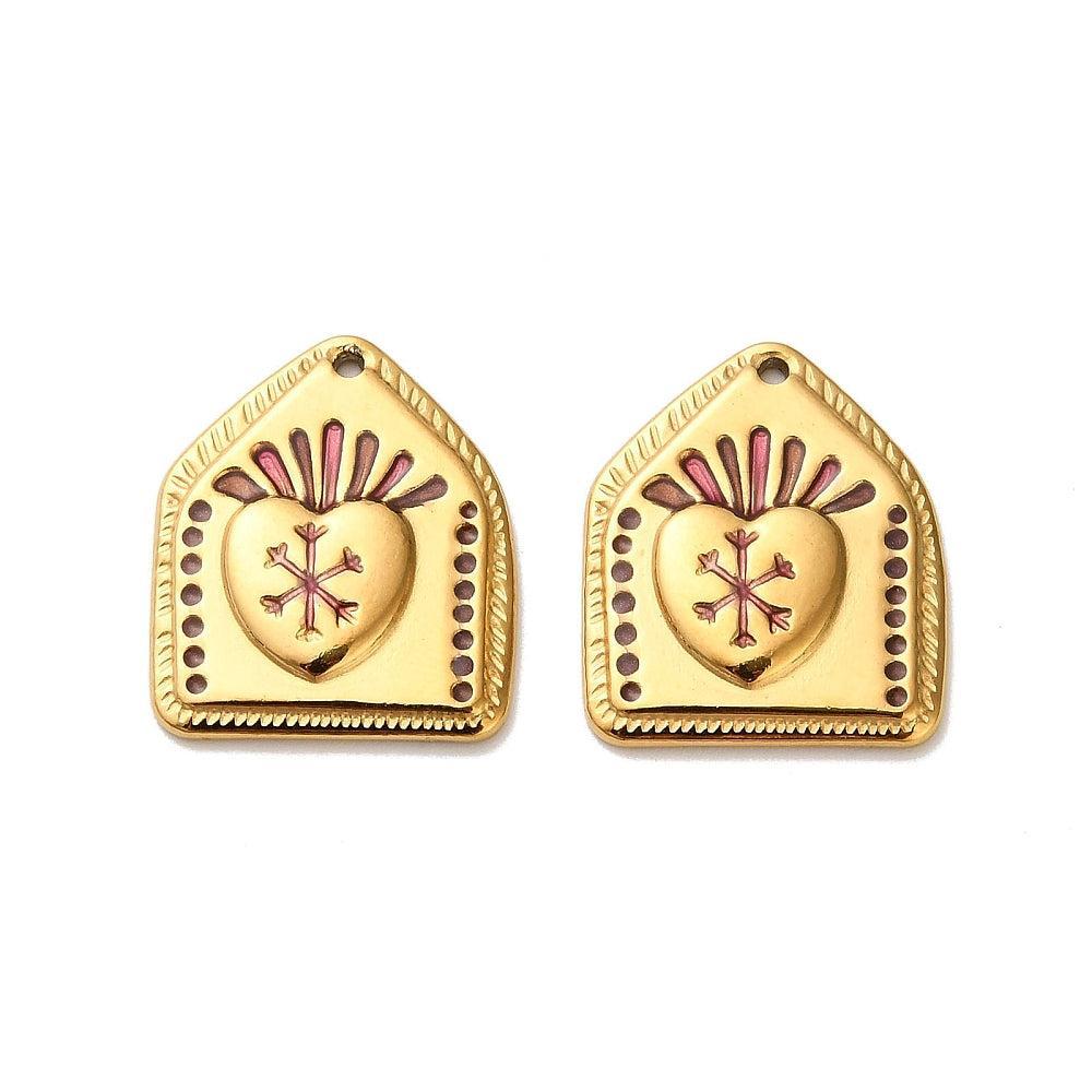 RVS Bedel Sacred Heart Emaille Roze / Goud 21mm - per stuk-Bedels-Kraaltjes van Renate