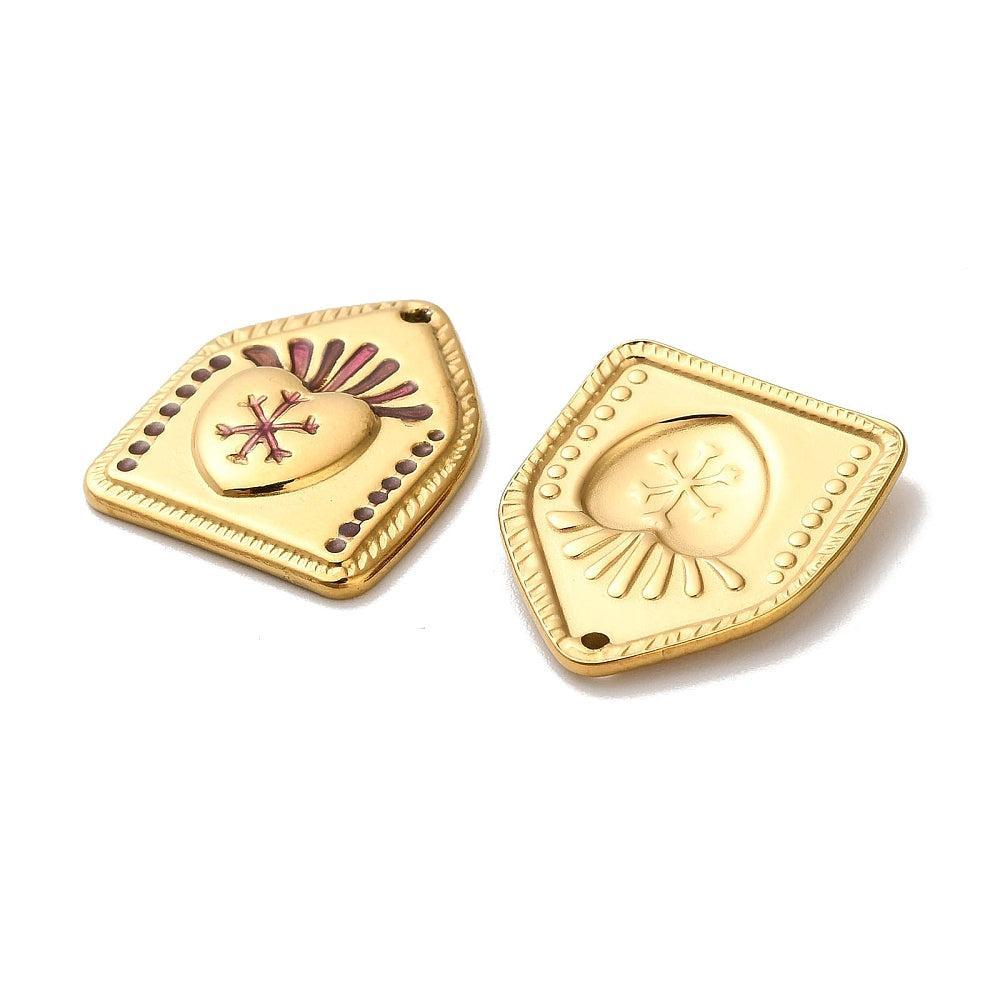 RVS Bedel Sacred Heart Emaille Roze / Goud 21mm - per stuk-Bedels-Kraaltjes van Renate