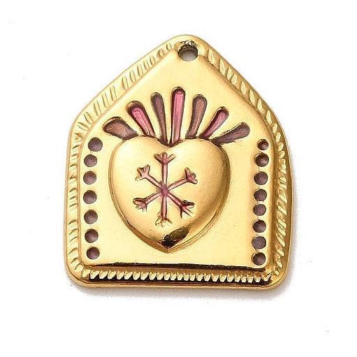 RVS Bedel Sacred Heart Emaille Roze / Goud 21mm - per stuk-Bedels-Kraaltjes van Renate