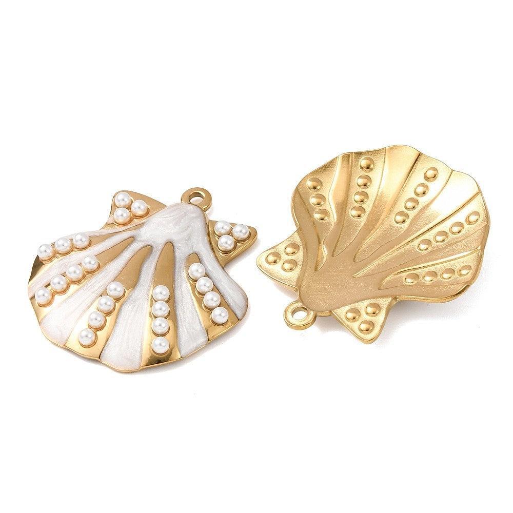 RVS Bedel Schelp Emaille Parelmoer Goud 24mm - per stuk-Bedels-Kraaltjes van Renate