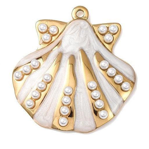 RVS Bedel Schelp Emaille Parelmoer Goud 24mm - per stuk-Bedels-Kraaltjes van Renate
