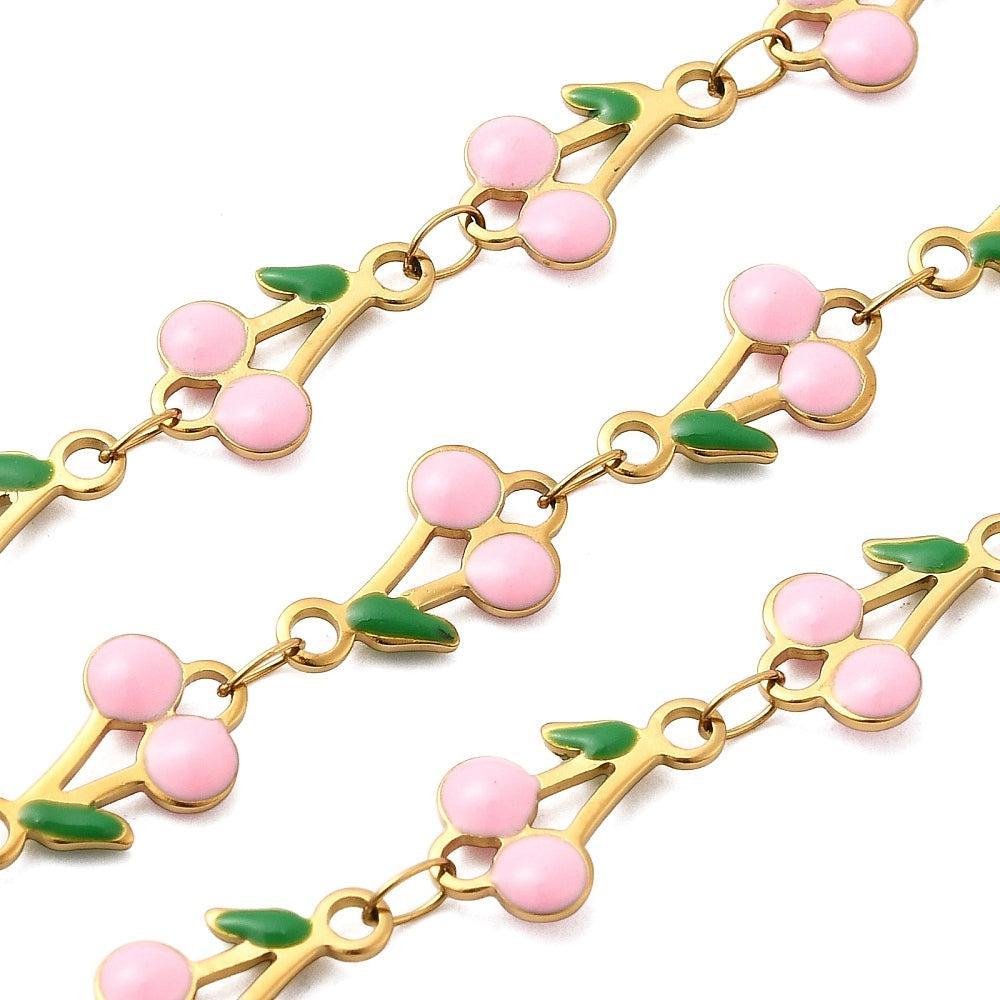 RVS Emaille Kers Schakelketting Goud Roze 13x7.5mm - per 10cm-Ketting-Kraaltjes van Renate