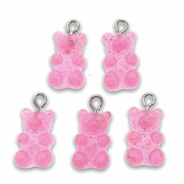 Resin hanger Gummy bear roze-zilver 21x11mm - 5 stuks-Kraaltjes van Renate