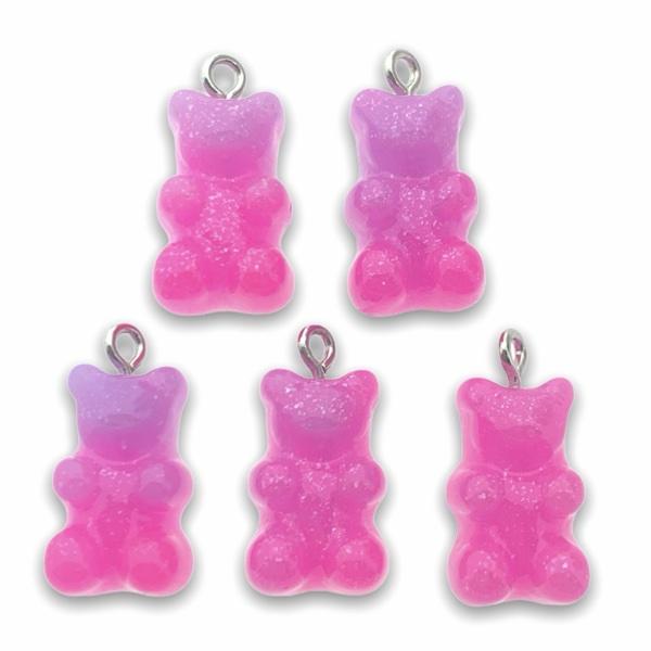 Resin hanger Gummy bear roze/paars-zilver 21x11mm - 5 stuks-Kraaltjes van Renate