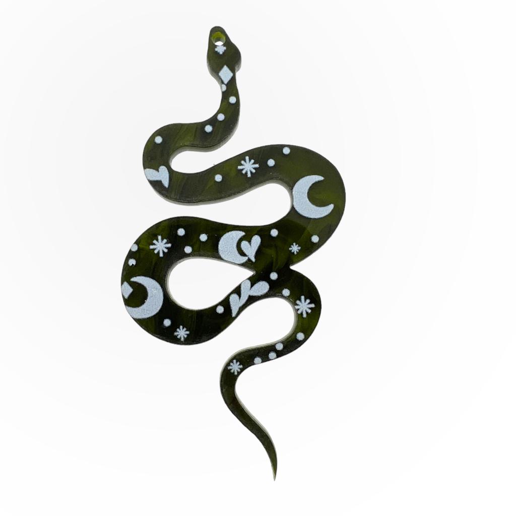 Resin hanger Snake met maan 69x38mm - Groen/wit-bedels-Kraaltjes van Renate