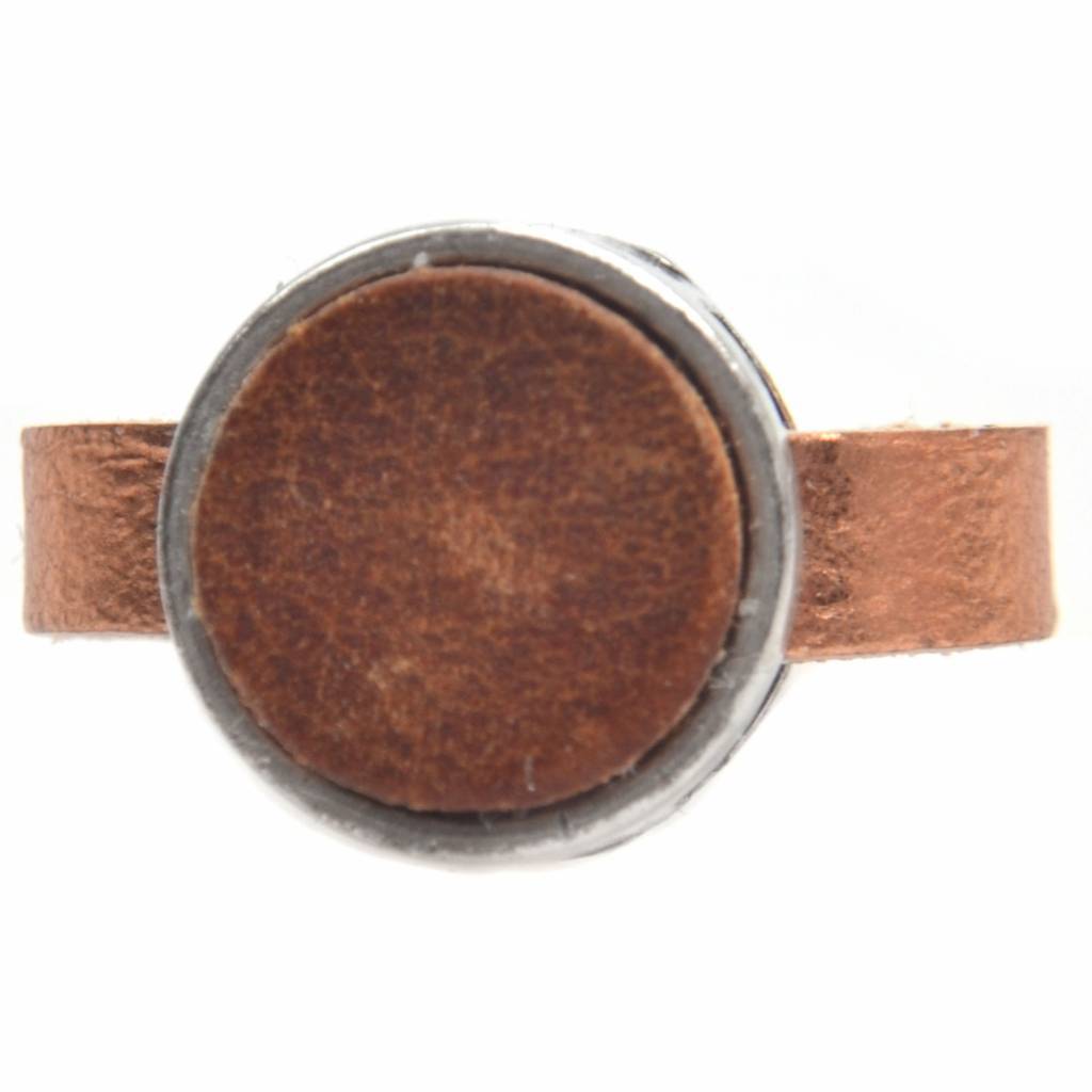 Ring Plat leer & leer cabochon breed DIY rosegold cognac-Kraaltjes van Renate