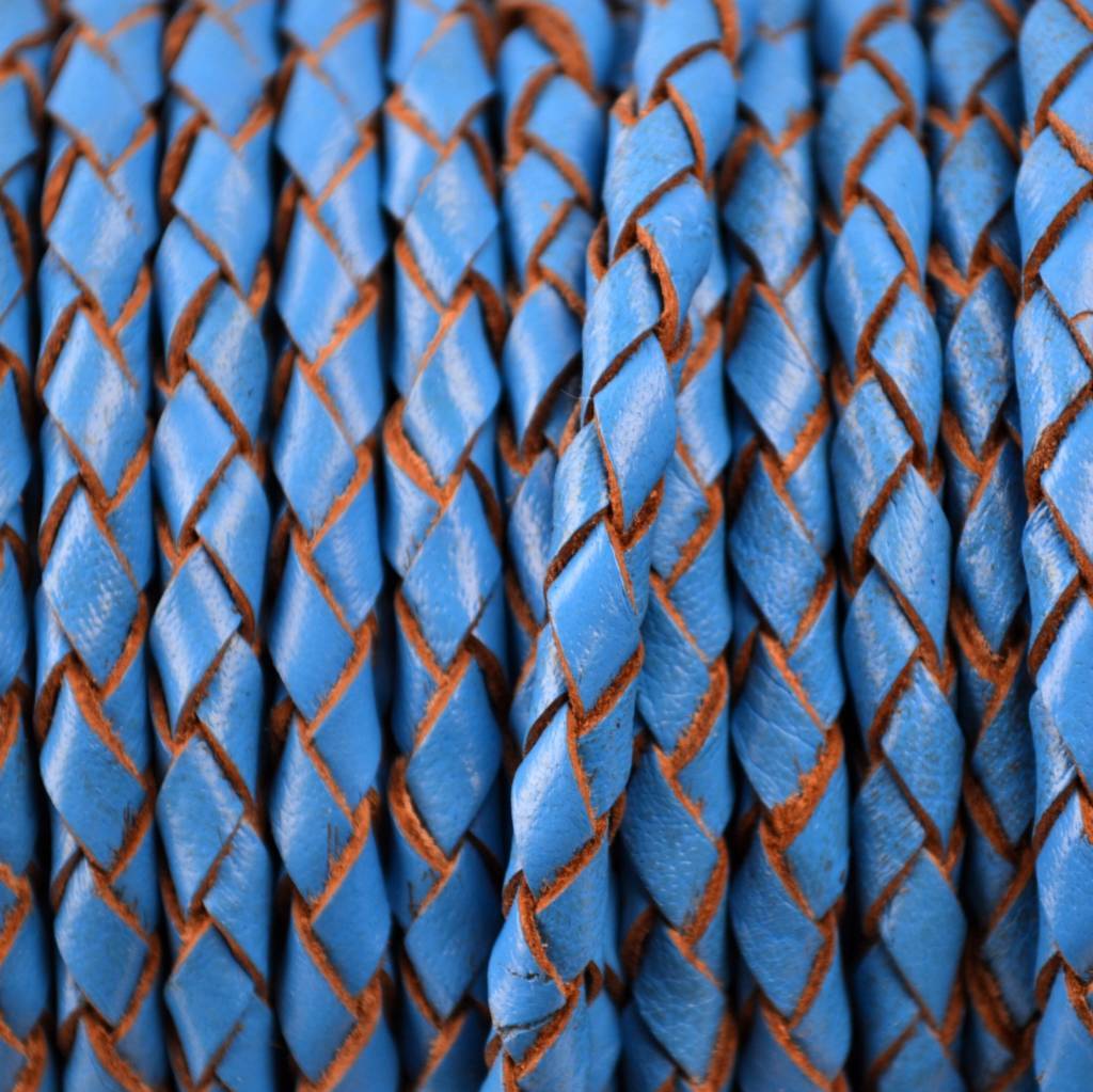 Rondgevlochten leer blauw 4mm -per 20cm-Kraaltjes van Renate